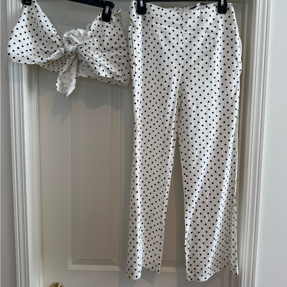 Polka Dot Two-Piece Jumpsuit Set - White with Black Dots
